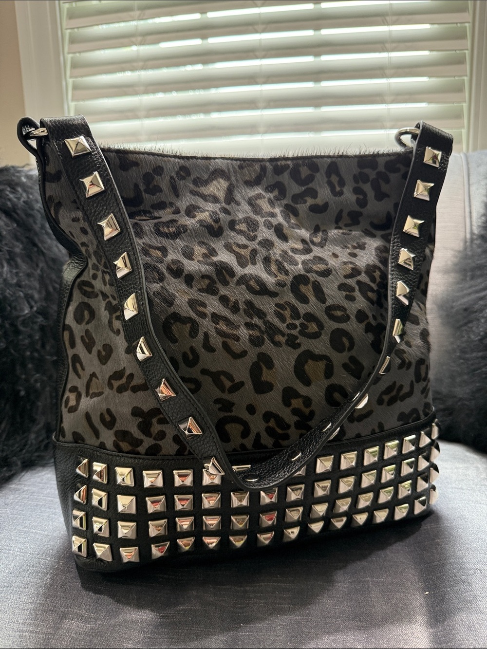 Bodhi Studded Leopard-Print Shoulder Bag in Black and Gray